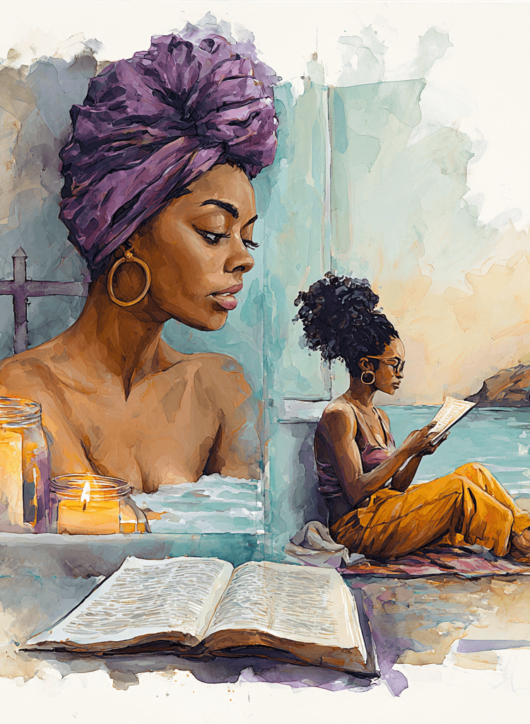 Watercolor illustration of two Black women in moments of rest and reflection, one in a bath with candles and an open Bible, the other reading quietly by the water, representing the difference between self-care and Soul Care for Christian women.