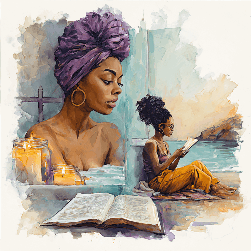 Watercolor illustration of two Black women in moments of rest and reflection, one in a bath with candles and an open Bible, the other reading quietly by the water, representing the difference between self-care and Soul Care for Christian women.
